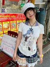 Tシャツ レディース フェイクレイヤード ワイドネック 紺白ストライプ 水玉 少女プリント「1moresheep」