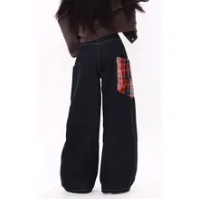 MZVZ アメリカンビンテージスタイル チェック柄切替ワイドデニムパンツ【秋冬用・テーパード・カーゴパンツ】