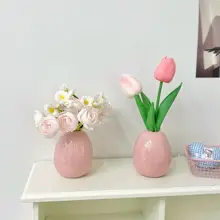 陶製デスクトップミニ花瓶【クリーミーなデザイン・フェイクフラワー付き・オフィス装飾用】