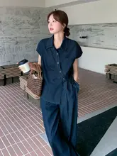 夏用天絲デニムシャツ【ビンテージデザイン・半袖・ゆったりシルエット】とワイドパンツ（セットアップ対応）
