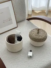 丸型草編み収納ボックス【フタ付き・デスク周りの整理に最適】
