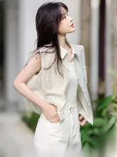 清涼感のあるストライプ柄リネン風翻领シャツ【ショート丈・レディース】