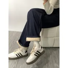高身長用 深青色デニムストレートパンツ【秋冬用・裏起毛・フィット・ハイウエスト】
