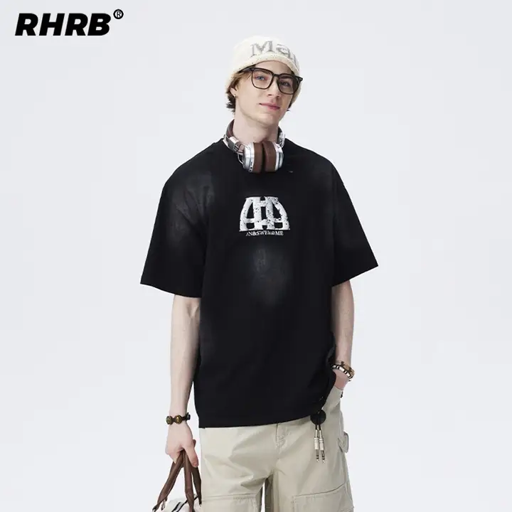 半袖Tシャツ メンズ クルーネック ドロップショルダー ダメージ加工 ウォッシュ加工 プリント柄 アメリカン風 ヴィンテージ加工 夏 「RHRB」