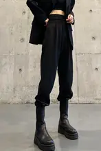高腰デザインのレディース春用スラックス【細見え・ワイドレッグ・テーパード・裏起毛・ブラック】