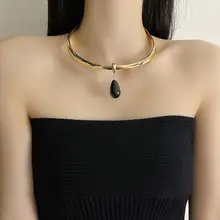 水滴型黒曜石のシンプルなペンダントネックレス【女性用・おしゃれ・軽量】