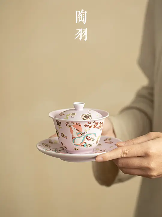 高級陶器製 急須兼用茶碗【紫色・防熱設計・中華風】