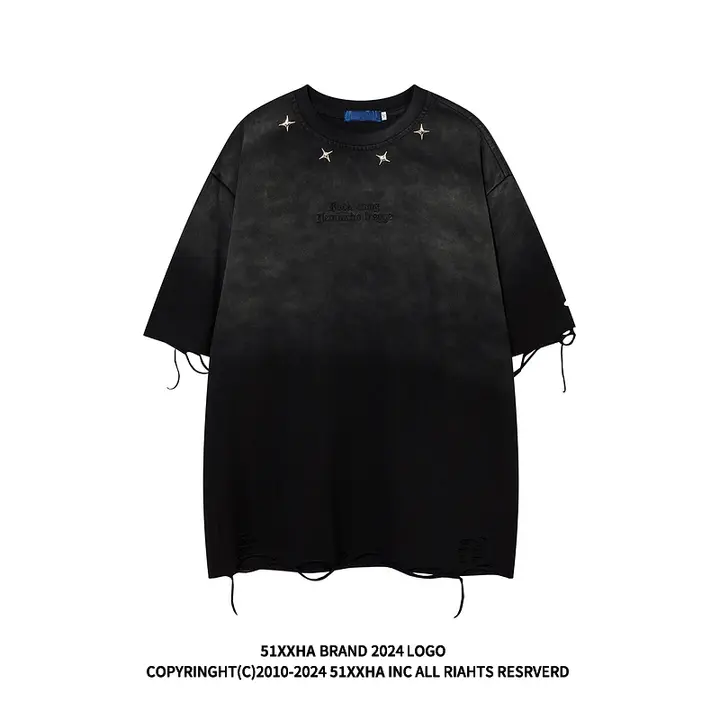 ヒップホップストリートスタイルのヴィンテージ風ダメージ加工半袖Tシャツ【ユニセックス・デザイン性の高い】