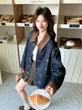 レトロ刺繍デニムジャケット【光沢感あるコーデュロイ・ラフなファスナー付き・カジュアルデザイン】
