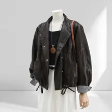 チェック柄切替のレディースPUレザージャケット【春秋用・ゆったりしたシルエット・スリム効果】