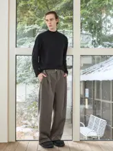 毛羽立ち感のあるウールワイドパンツ【脱着可能なウエストベルト・フィット・カジュアルデザイン】（セットアップ対応）