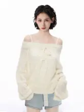ブルーオフショルダーのスリーブレースUVカットニットカーディガン【春夏用・フィット】