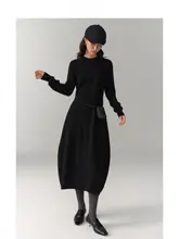 ウール混紡 ラウンドネック コクーンシルエット フラワーバックドレス【エレガント・長袖・秋冬用】
