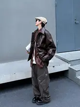 XBRO 美式ビンテージ PUレザーライダージャケット【春秋用・ショート丈・ブラウン】