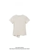 レース切り替えのアシンメトリック裾Tシャツ【女性用・半袖・カジュアル・ラウンドネック】