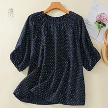 ヴィンテージ風 麻製ドット柄 半袖プルオーバーシャツ【夏用・ルーズフィット・ラウンドネック】