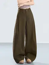 レトロブラウンデザインのデニムパンツ【夏用・ワイドレッグ・カジュアル通勤】