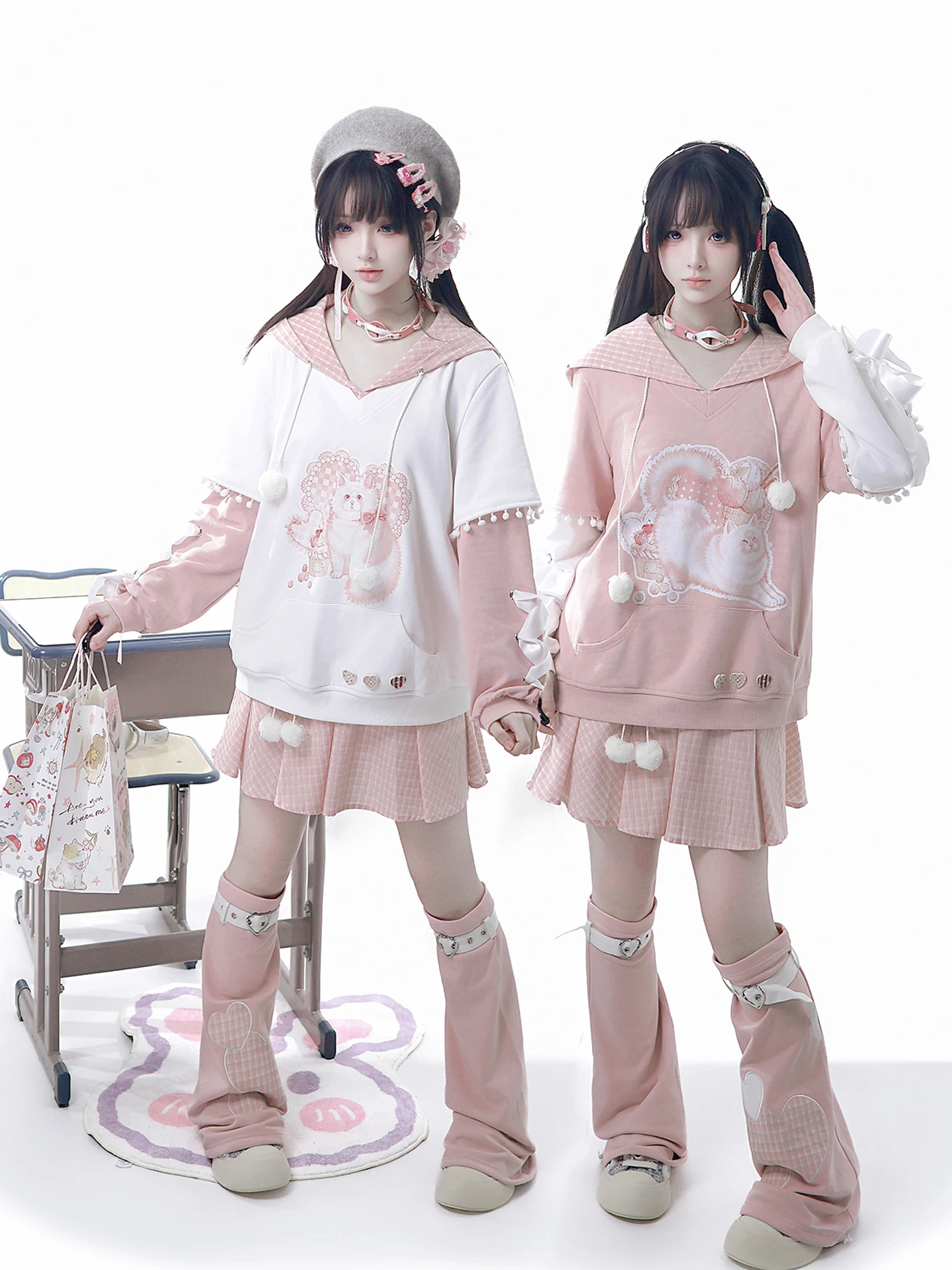 可愛い猫デザインのハート付きリボンセーターとスカート：アクティブキュート似合う服の実用性とスタイル選定ガイド