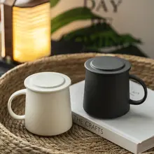 クリーム風陶器の蓋付きマグカップ【オフィス用・ミルクコーヒー・朝食用】