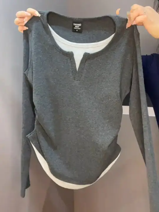 グレー Vネック長袖Tシャツ【ウエストシェイプ・インナートップス・春秋用】（セットアップ対応）