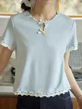 バタフライリボン付き カラーブロックデザインのラウンドネックTシャツ【木の葉型フリル・短袖】