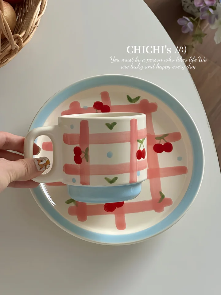 手描きチェリーの陶器製食器シリーズ【グラフチェック・プレート・ボウル・マグカップ】（セットアップ対応）