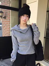 デザイン性のある不規則な斜めボタン付きハイネックフード長袖パーカー【女性用・スリムフィット・春用】