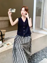深い青のベストとストライプのミディスカート【夏用・韓国風・チックスタイル・二部構成】（セットアップ対応）