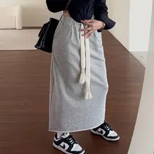 ハイウエストロングスカート【特大サイズ・コットン・フィット・ドローストリング】