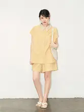 デザイン襟のトップスとドローコード付きショートパンツ【松・茶色の切替デザイン】（セットアップ対応）