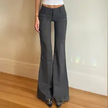 グレーの微ラッパデザインスリムフィットパンツ【レトロスタイル・低腰・女性用】