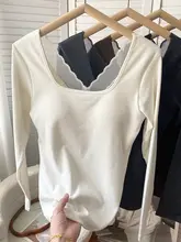 方形ネックリブコットン長袖インナートップス【バストパッド付き・秋用】