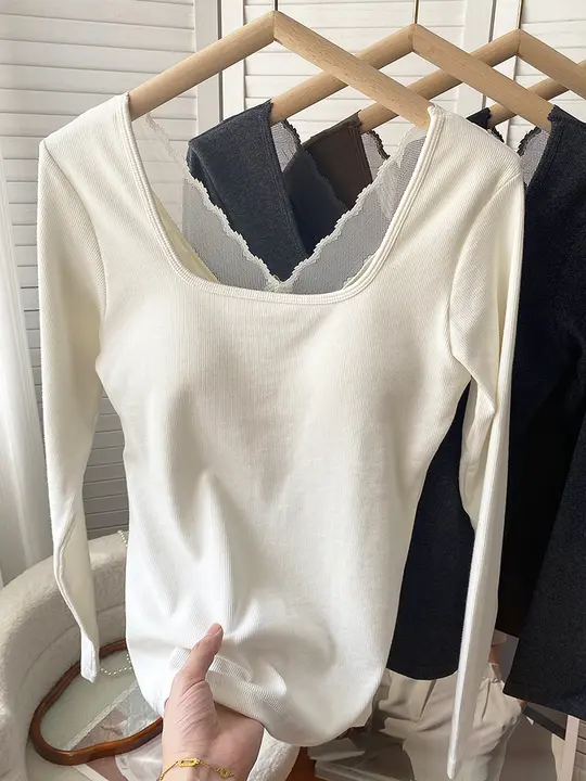 方形ネックリブコットン長袖インナートップス【バストパッド付き・秋用】