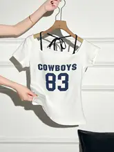美しいデザインの掛けネック半袖Tシャツ【レディース・文字プリント・肩出し】（セットアップ対応）