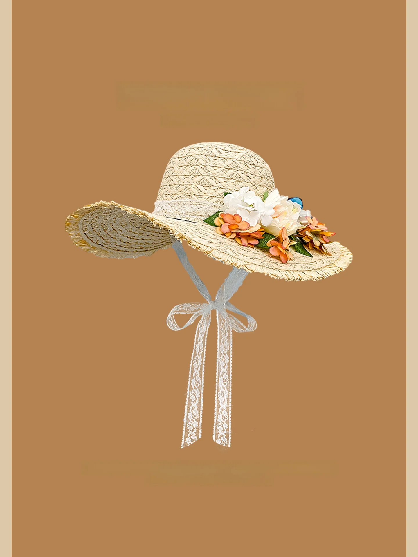 花柄リボン付き草帽【夏用・大きなつば・UVカット・ビーチ用】
