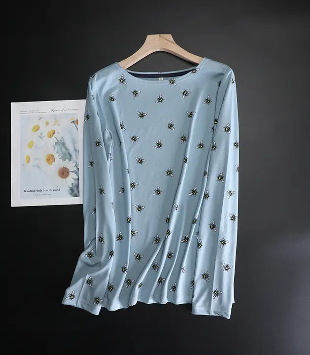 春用 大きいサイズ ニットコットン 長袖Tシャツ【グレーとブルー・蜂柄・クルーネック】