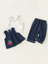 デニム 3点セット キッズ ガールズ フレンチ風 ヴィンテージ おしゃれ いちご刺繍 ベスト ブラウス パンツ 秋