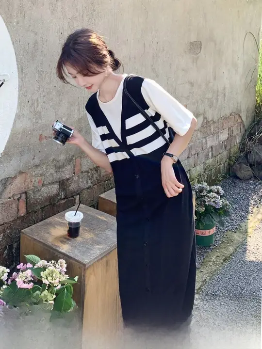 ストライプ切替のニットTシャツワンピース【夏用・カジュアル・体型カバー】