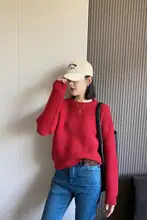 新年にぴったり！赤いゆったりニットセーター【秋冬用・ラウンドネック・ショート丈】