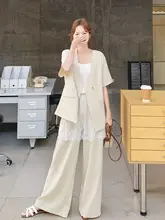 シンプルな通勤スタイルの女性用上下セット【デザイン性高い・ショートスリーブ・レースコンビ・ロングパンツ】（セットアップ対応）