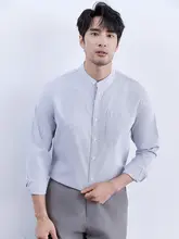 秋用 メンズビジネス長袖シャツ【ストライプ・立ち襟・純綿】
