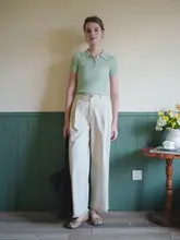 フィットのベージュコットンパンツ【ウエストゴム・ストレート・フリンジデザイン・カジュアル】（セットアップ対応）