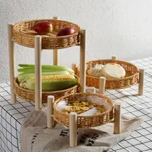 2段式木製トレイスタンド【果物・お菓子用・手作り竹製・トレイ付き】