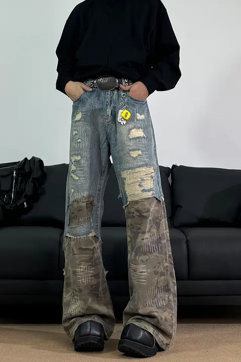76STREET メンズカモフラージュパッチワークデニムパンツ【スリムストレート・微フレア・高街スタイル】