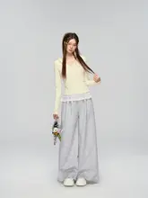 レース切り替えのグレー ワイドレッグパンツ【春用・・ルーズストレート】（セットアップ対応）