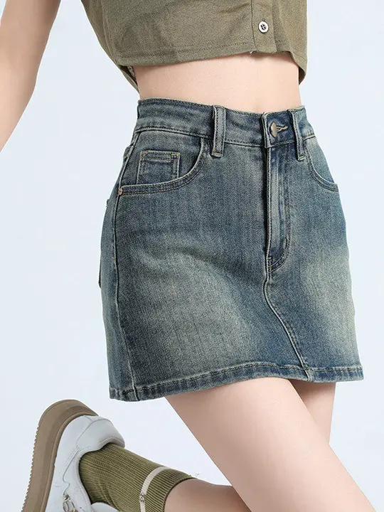 レトロなブルーのハイウエストデニムミニスカート【フィット感あるAライン・女性用・夏用】
