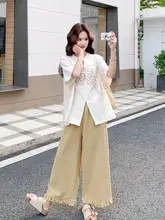 フランス風アートスタイルの蝶刺繍シャツとワイドパンツ【デザイン重視・夏用】（セットアップ対応）