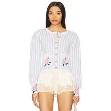 宮廷風デザインの青いストライプのニットカーディガン【短丈・女性用・秋冬対応】