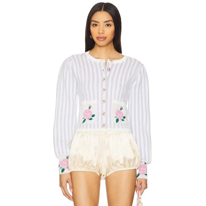 宮廷風デザインの青いストライプのニットカーディガン【短丈・女性用・秋冬対応】