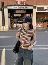 2025年新作夏レインボーストライプコントラストカラーTシャツ